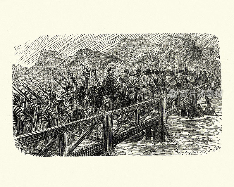 Soldiers of the Ancient Roman Army crossing a bridge